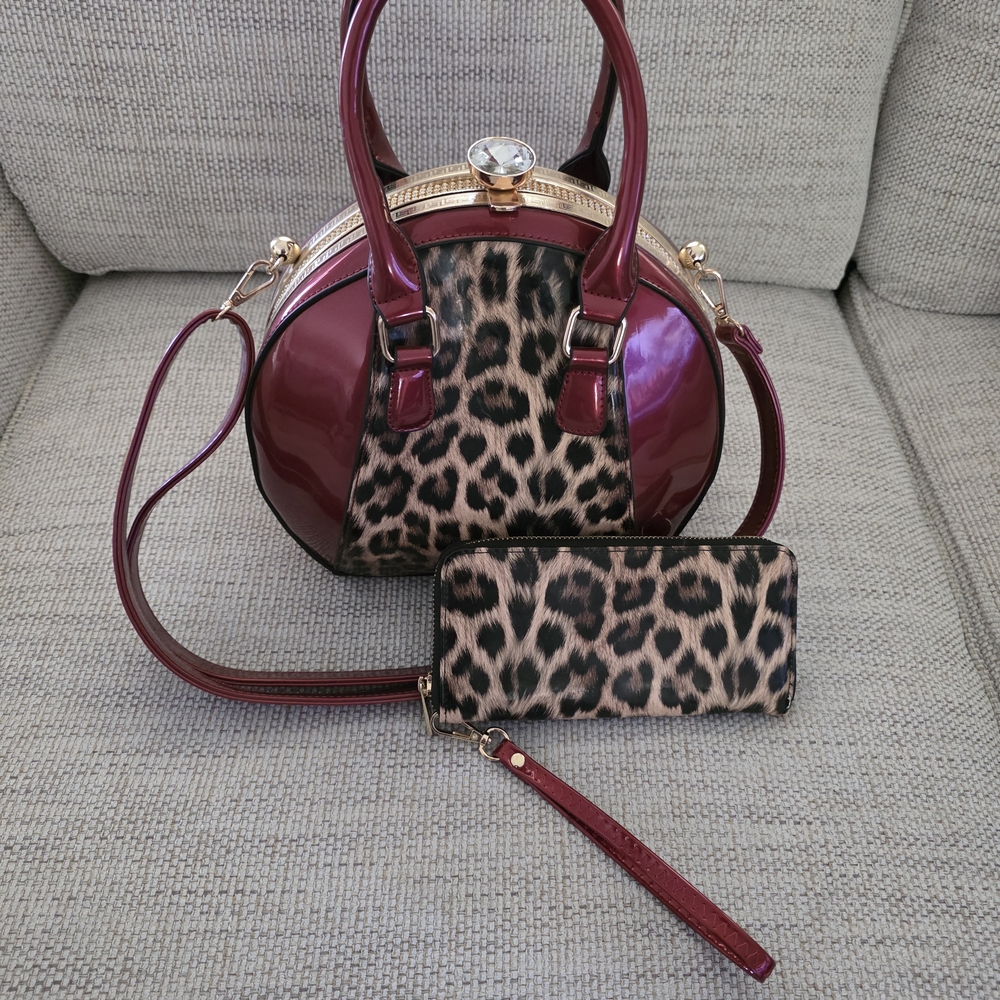 Leopard Print and Burgundy Women's Handbag Set